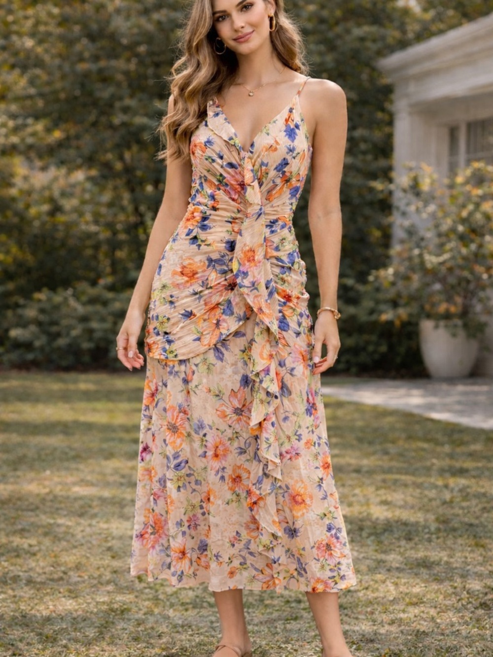 Lulus NWT Floral Midi Dress Open Back Ruched Waist Adjustable Straps Romantic M